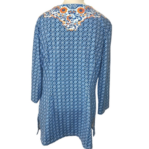 J McLaughlin Catalina Cloth Tunic Top Blue Orange Size Medium - Picture 2 of 3